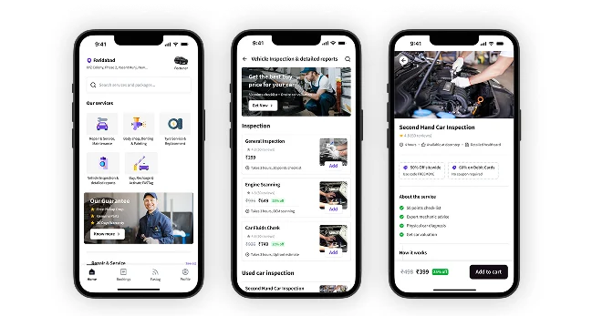 Mobility aftermarket super app interface showing marketplace for automotive services