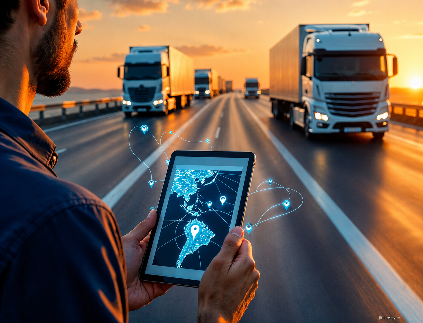 Field operations – person with tablet and truck convoy